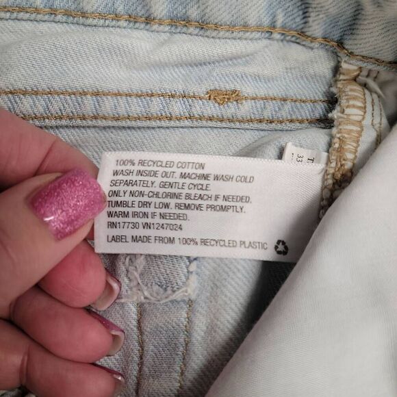 High Rise Dad Jean Recycled Cotton Lightest Wash Ripped Blue Jeans Designer - Picture 10 of 11